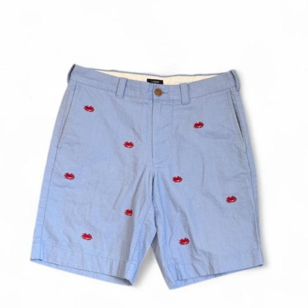 J.Crew Sunwashed Oxford Chino Shorts Mens Size 29W Blue Embroidered Crab Coastal